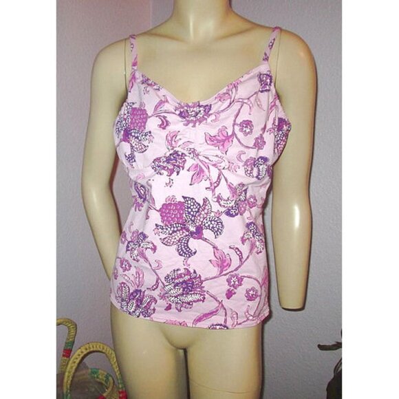 Lands End Tankini Swimsuit Top Size 14 Underwire V-Neck Pink Purple Floral - Picture 2 of 8